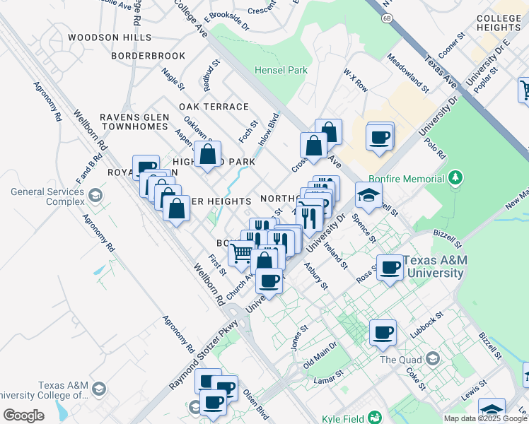 map of restaurants, bars, coffee shops, grocery stores, and more near 400 Tauber Street in College Station
