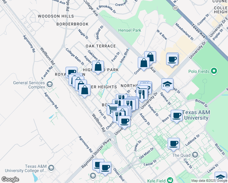map of restaurants, bars, coffee shops, grocery stores, and more near 410 College Main Street in College Station
