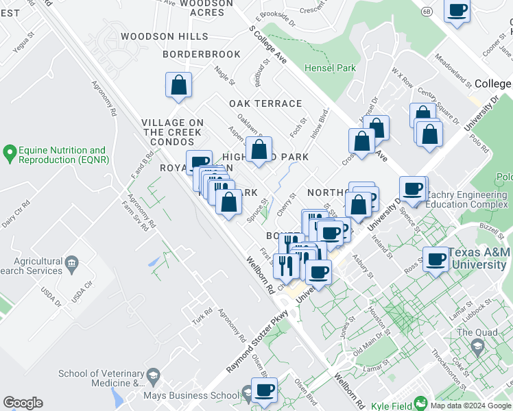 map of restaurants, bars, coffee shops, grocery stores, and more near 601 Boyett Street in College Station