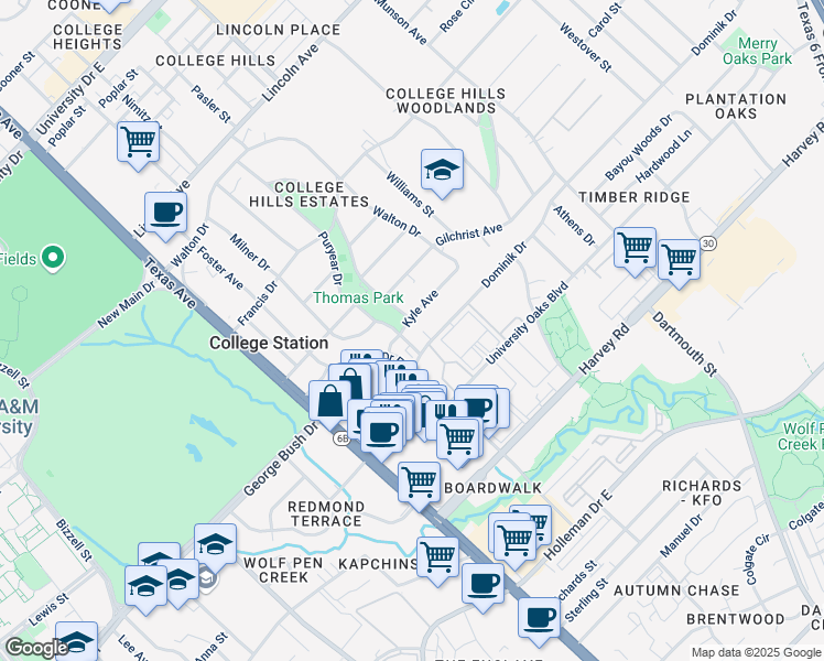 map of restaurants, bars, coffee shops, grocery stores, and more near 401 Dominik Drive in College Station