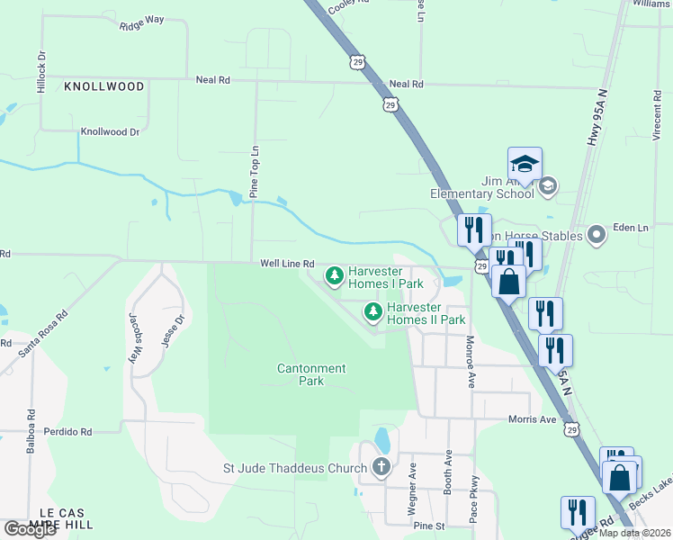 map of restaurants, bars, coffee shops, grocery stores, and more near 430 Forrest Street in Cantonment