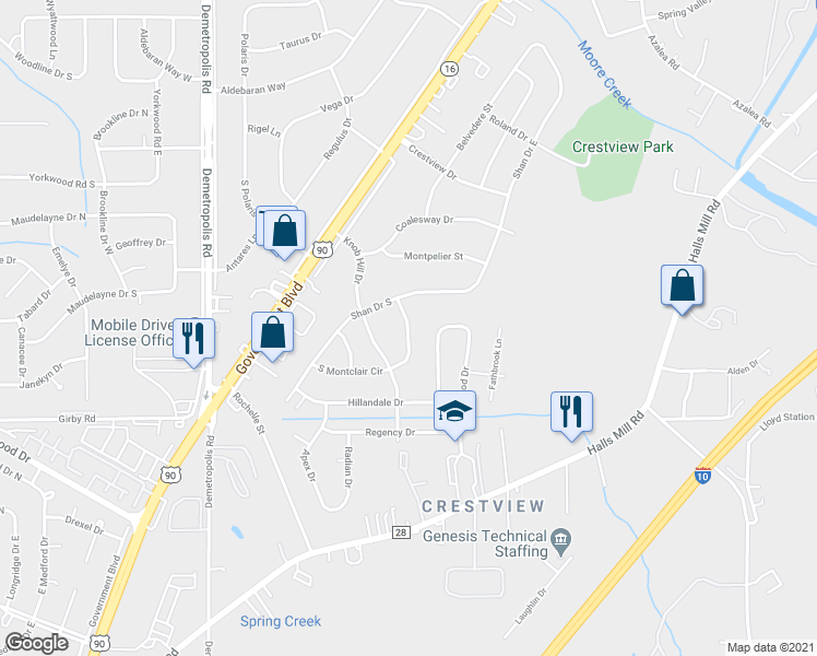 map of restaurants, bars, coffee shops, grocery stores, and more near 1600 Montclair Circle East in Mobile