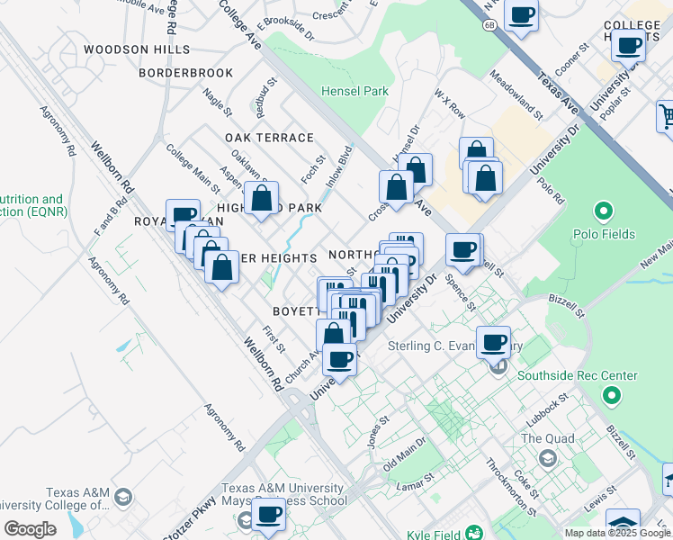 map of restaurants, bars, coffee shops, grocery stores, and more near 401 Stasney Street in College Station