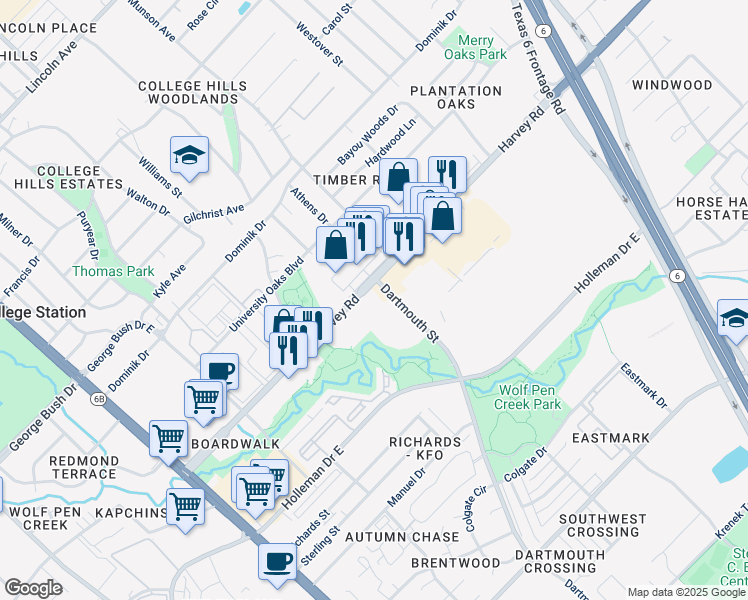 map of restaurants, bars, coffee shops, grocery stores, and more near 1904 Dartmouth Street in College Station