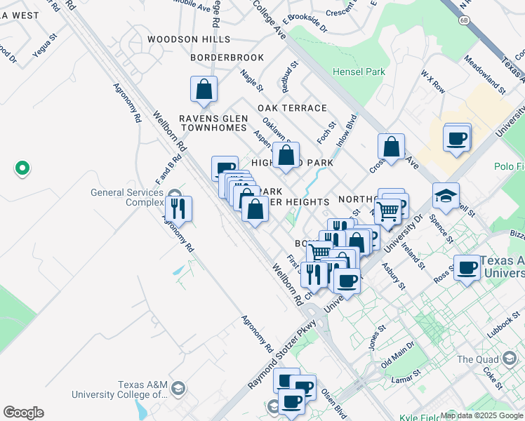 map of restaurants, bars, coffee shops, grocery stores, and more near 601 Boyett Street in College Station
