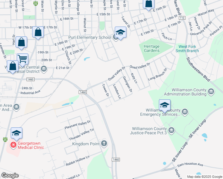 map of restaurants, bars, coffee shops, grocery stores, and more near 1042 London Lane in Georgetown