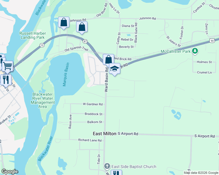 map of restaurants, bars, coffee shops, grocery stores, and more near 5156 Ward Basin Road in Milton