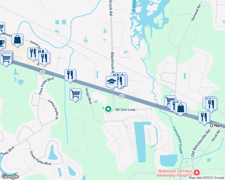 map of restaurants, bars, coffee shops, grocery stores, and more near 96008 Blackrock Road in Yulee
