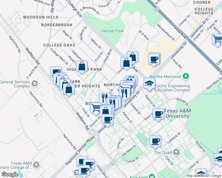 map of restaurants, bars, coffee shops, grocery stores, and more near 400 Tauber Street in College Station