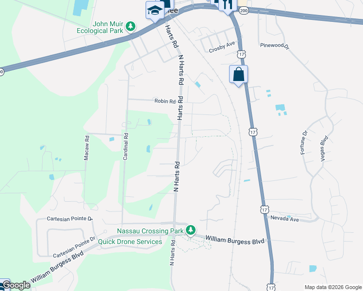 map of restaurants, bars, coffee shops, grocery stores, and more near 86285 Express Court in Yulee