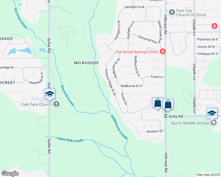 map of restaurants, bars, coffee shops, grocery stores, and more near 3220 Autumn Ridge Drive West in Mobile