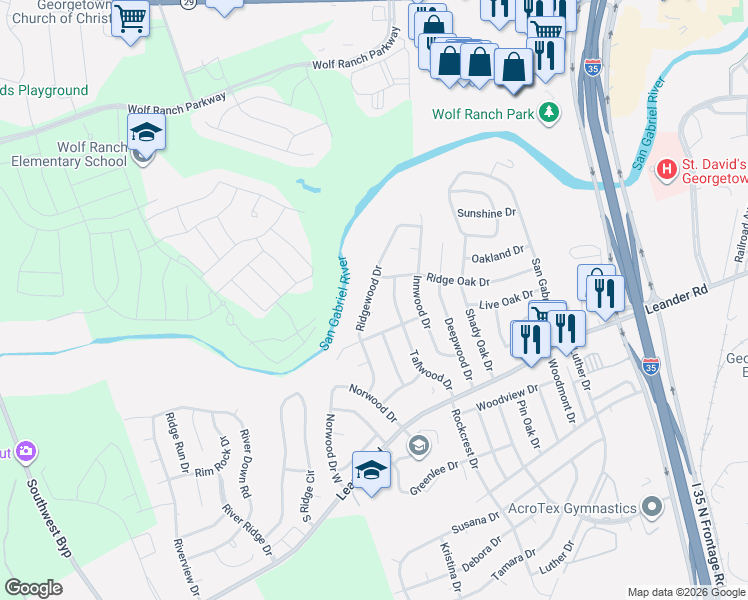 map of restaurants, bars, coffee shops, grocery stores, and more near 300 Ridgewood Drive in Georgetown