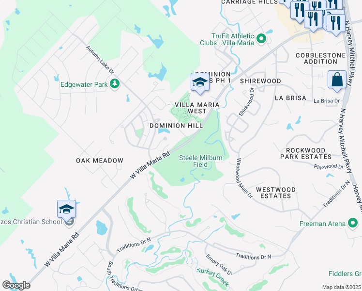 map of restaurants, bars, coffee shops, grocery stores, and more near 2551 West Villa Maria Road in Bryan