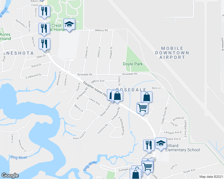 map of restaurants, bars, coffee shops, grocery stores, and more near 1810 Runnels Road in Mobile