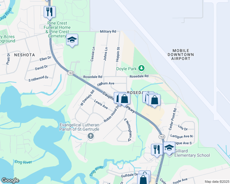 map of restaurants, bars, coffee shops, grocery stores, and more near 1815 Runnels Road in Mobile