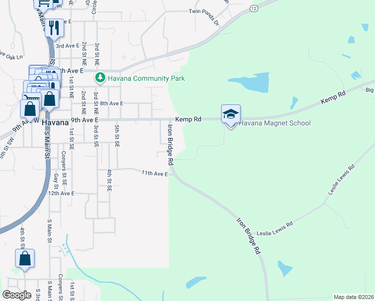 map of restaurants, bars, coffee shops, grocery stores, and more near 243 Iron Bridge Road in Havana