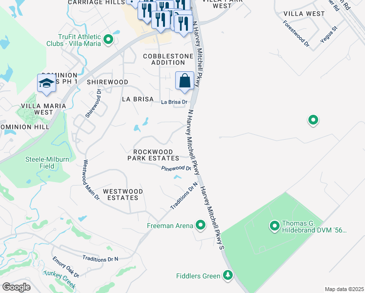 map of restaurants, bars, coffee shops, grocery stores, and more near 217 North Harvey Mitchell Parkway in Bryan