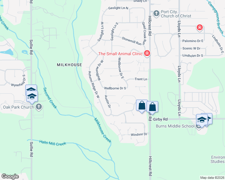 map of restaurants, bars, coffee shops, grocery stores, and more near 6613 Wellborne Drive South in Mobile