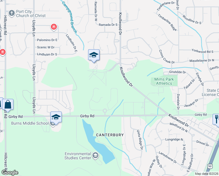map of restaurants, bars, coffee shops, grocery stores, and more near 5741 Southland Dr in Mobile