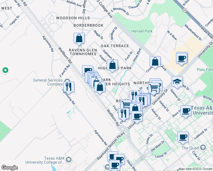map of restaurants, bars, coffee shops, grocery stores, and more near 703 Gaytha Circle in Bryan