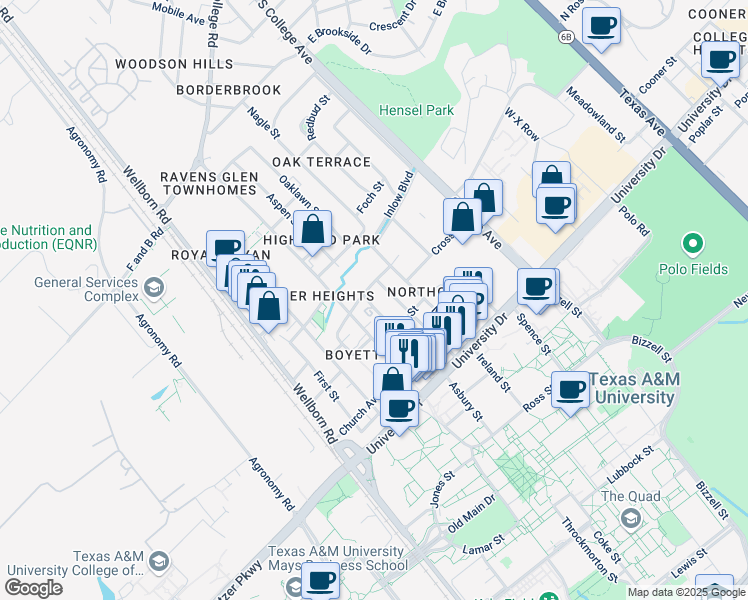 map of restaurants, bars, coffee shops, grocery stores, and more near 503 Cherry Street in College Station