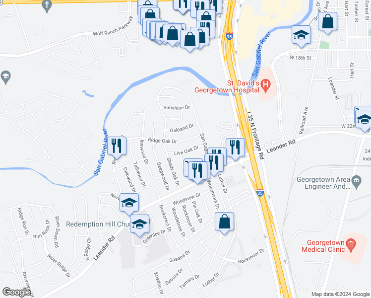 map of restaurants, bars, coffee shops, grocery stores, and more near 110 Live Oak Dr in Georgetown
