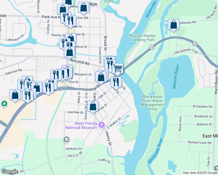 map of restaurants, bars, coffee shops, grocery stores, and more near 6835 U.S. 90 in Milton
