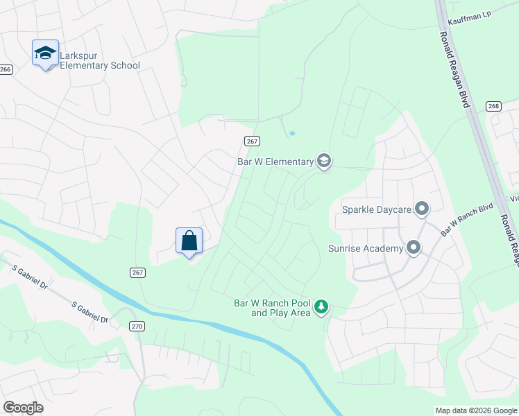 map of restaurants, bars, coffee shops, grocery stores, and more near 1052 County Road 267 in Georgetown