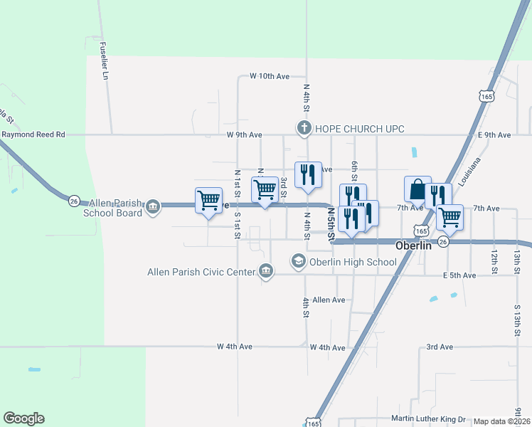 map of restaurants, bars, coffee shops, grocery stores, and more near 207 North 2nd Street in Oberlin