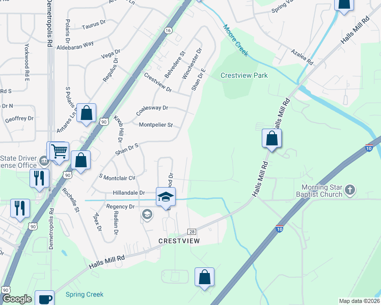map of restaurants, bars, coffee shops, grocery stores, and more near 4351 Fathbrook Lane in Mobile