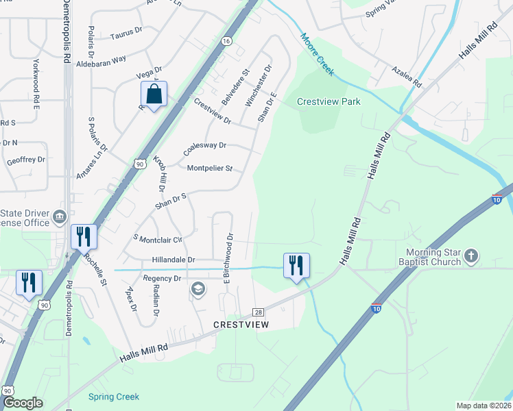 map of restaurants, bars, coffee shops, grocery stores, and more near 4351 Fathbrook Lane in Mobile