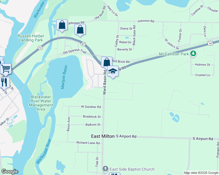 map of restaurants, bars, coffee shops, grocery stores, and more near 5156 Ward Basin Road in Milton
