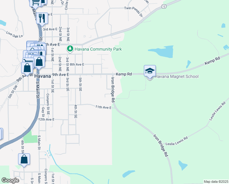 map of restaurants, bars, coffee shops, grocery stores, and more near 90 Iron Bridge Road in Havana