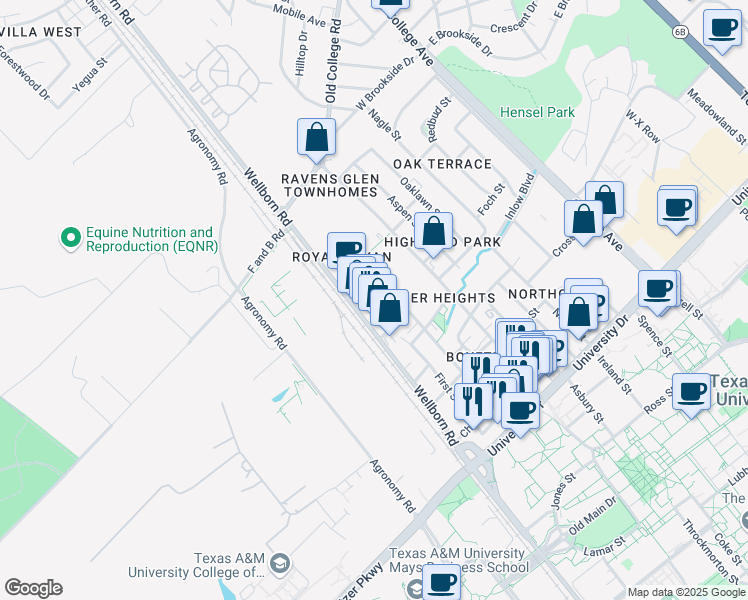 map of restaurants, bars, coffee shops, grocery stores, and more near 4301 Boyett Street in Bryan
