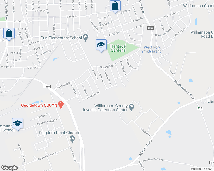 map of restaurants, bars, coffee shops, grocery stores, and more near 2217 Katy Lane in Georgetown