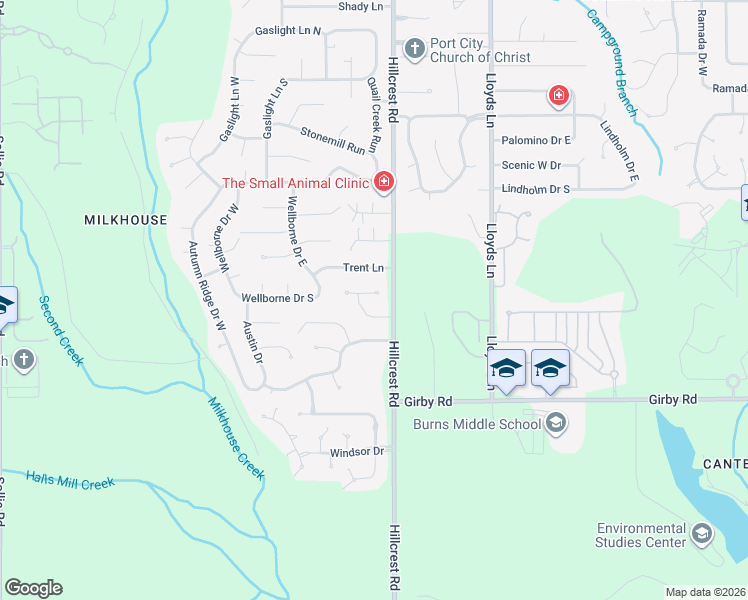 map of restaurants, bars, coffee shops, grocery stores, and more near 2882-2914 Hillcrest Road in Mobile
