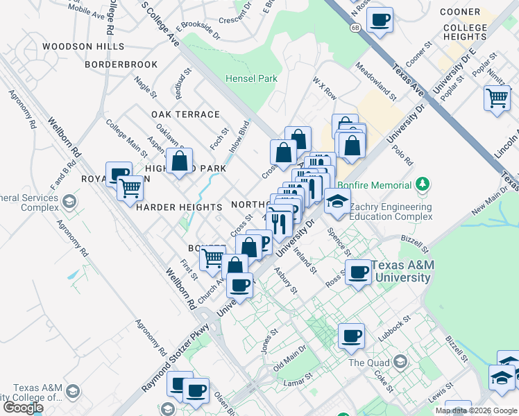 map of restaurants, bars, coffee shops, grocery stores, and more near 400 Nagle Street in College Station