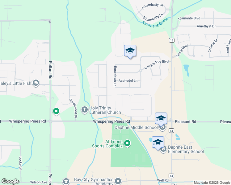 map of restaurants, bars, coffee shops, grocery stores, and more near 8650 Rosedown Lane in Daphne