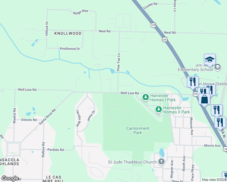 map of restaurants, bars, coffee shops, grocery stores, and more near 716-728 Well Line Road in Escambia