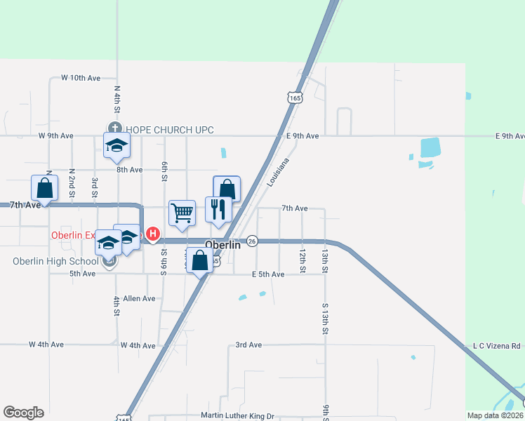 map of restaurants, bars, coffee shops, grocery stores, and more near Louisiana in Oberlin