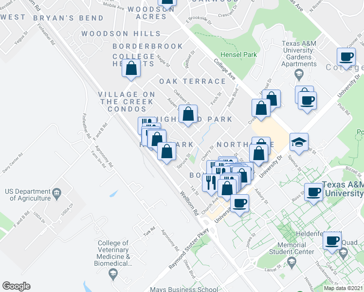 map of restaurants, bars, coffee shops, grocery stores, and more near 701 Gaytha Circle in Bryan