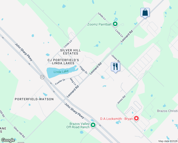 map of restaurants, bars, coffee shops, grocery stores, and more near 5976 Leonard Road in Bryan