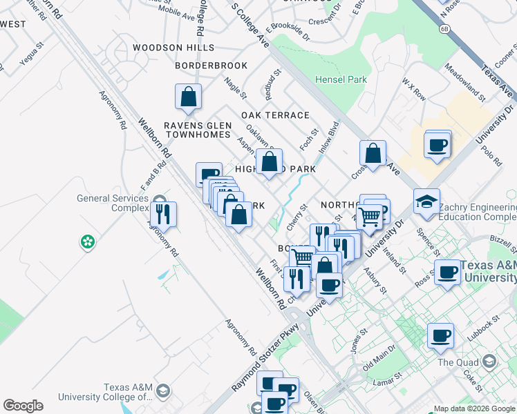 map of restaurants, bars, coffee shops, grocery stores, and more near 4302 College Main Street in Bryan