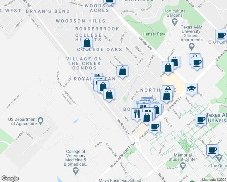 map of restaurants, bars, coffee shops, grocery stores, and more near 4302 College Main Street in Bryan