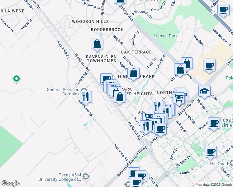 map of restaurants, bars, coffee shops, grocery stores, and more near 4301 Boyett Street in Bryan