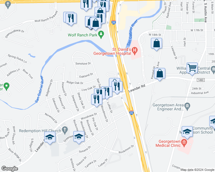 map of restaurants, bars, coffee shops, grocery stores, and more near 2100 North Interstate Highway 35 in Georgetown