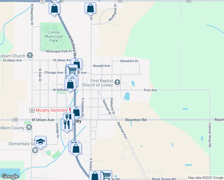 map of restaurants, bars, coffee shops, grocery stores, and more near 1055 Alabama Street in Loxley
