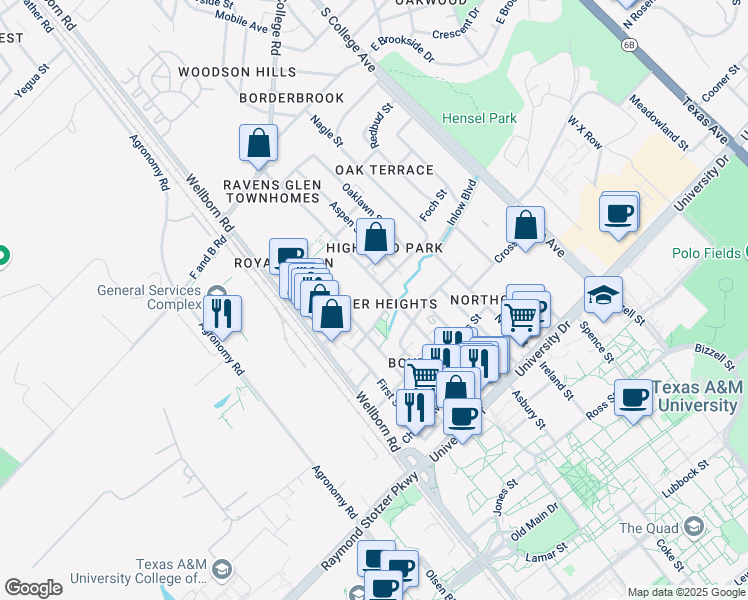 map of restaurants, bars, coffee shops, grocery stores, and more near 4302 College Main Street in Bryan