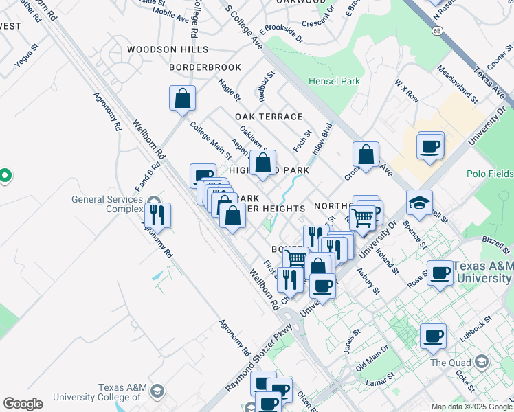 map of restaurants, bars, coffee shops, grocery stores, and more near 4302 College Main Street in Bryan