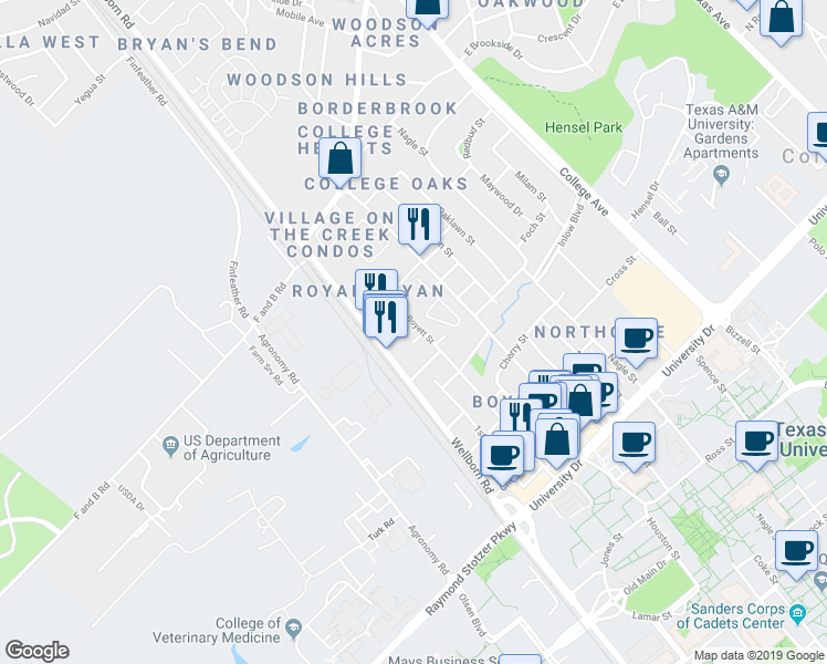 map of restaurants, bars, coffee shops, grocery stores, and more near 4301 Boyett Street in Bryan
